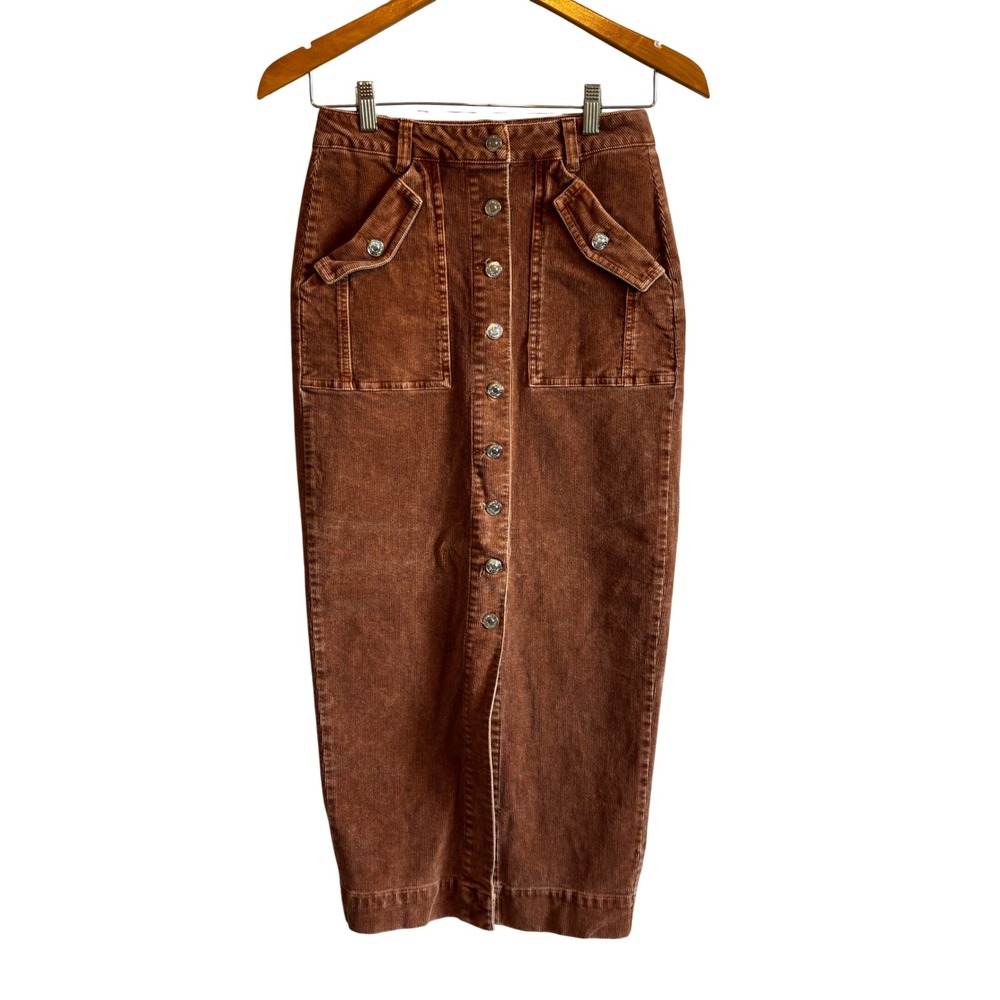 Forever 21 Rust Brown Corduroy Button Front Midi Skirt Pocket y2k 26